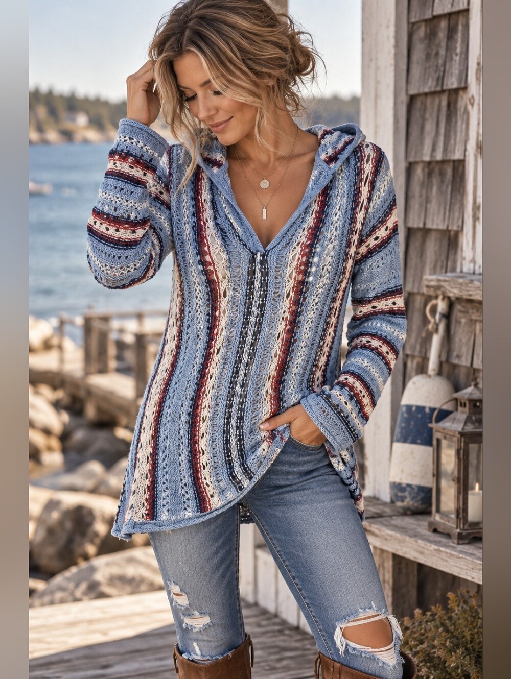 Eddie Bauer Striped Hooded Knit Sweater in Light Blue, Red, Navy, Cream - Picture 13 of 13